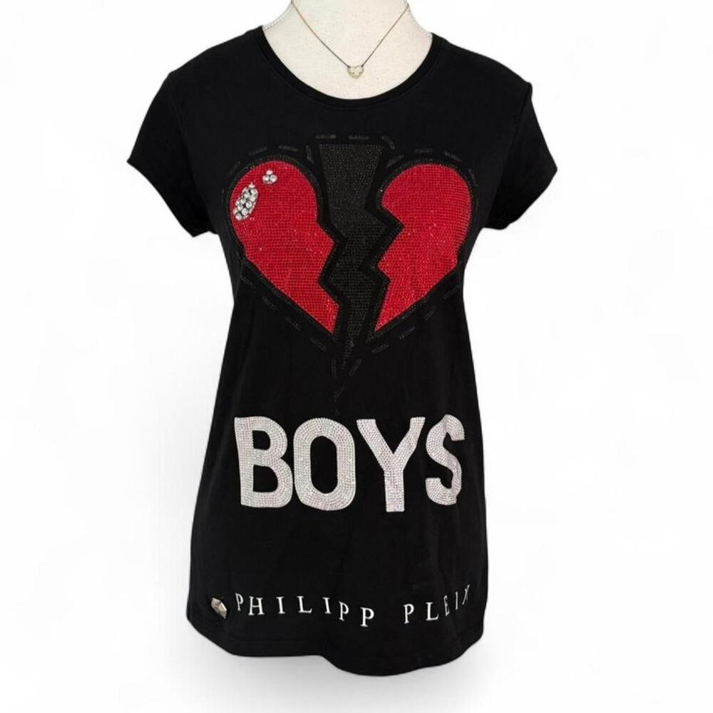 Black Philipp Plein Mcbling heart graphic tee Womens size large Designer Swiss